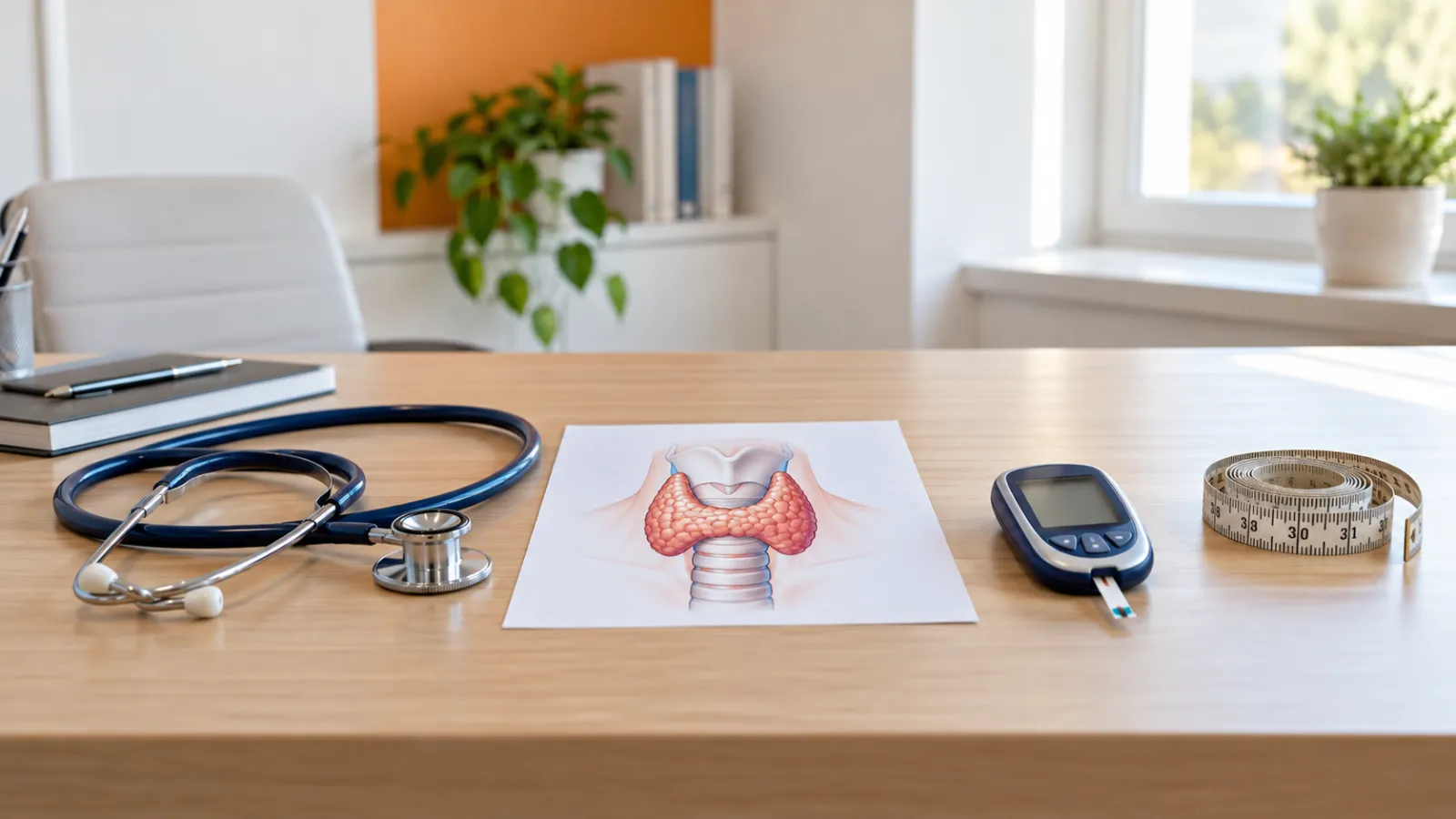 Escritorio de consultorio de endocrinología con estetoscopio, lámina de la tiroides, glucómetro y cinta métrica